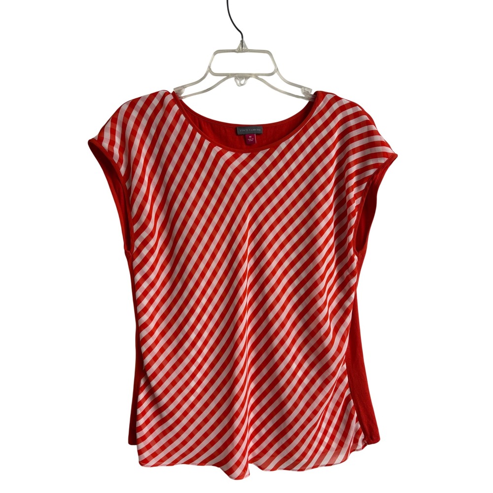 Vince Camuto Womens Red-Orange White Gingham Mixed Media Cap Sleeve Blouse Med